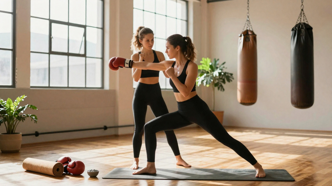 Duas mulheres numa aula de boxe, uma a treinar soco e a outra a observar, num estúdio com saco de pancadas.