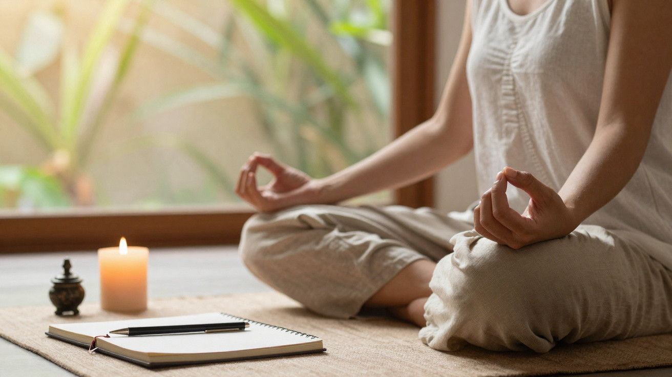 Pessoa em posição de meditação sentada no chão com notas, caneta e vela acesa ao lado.