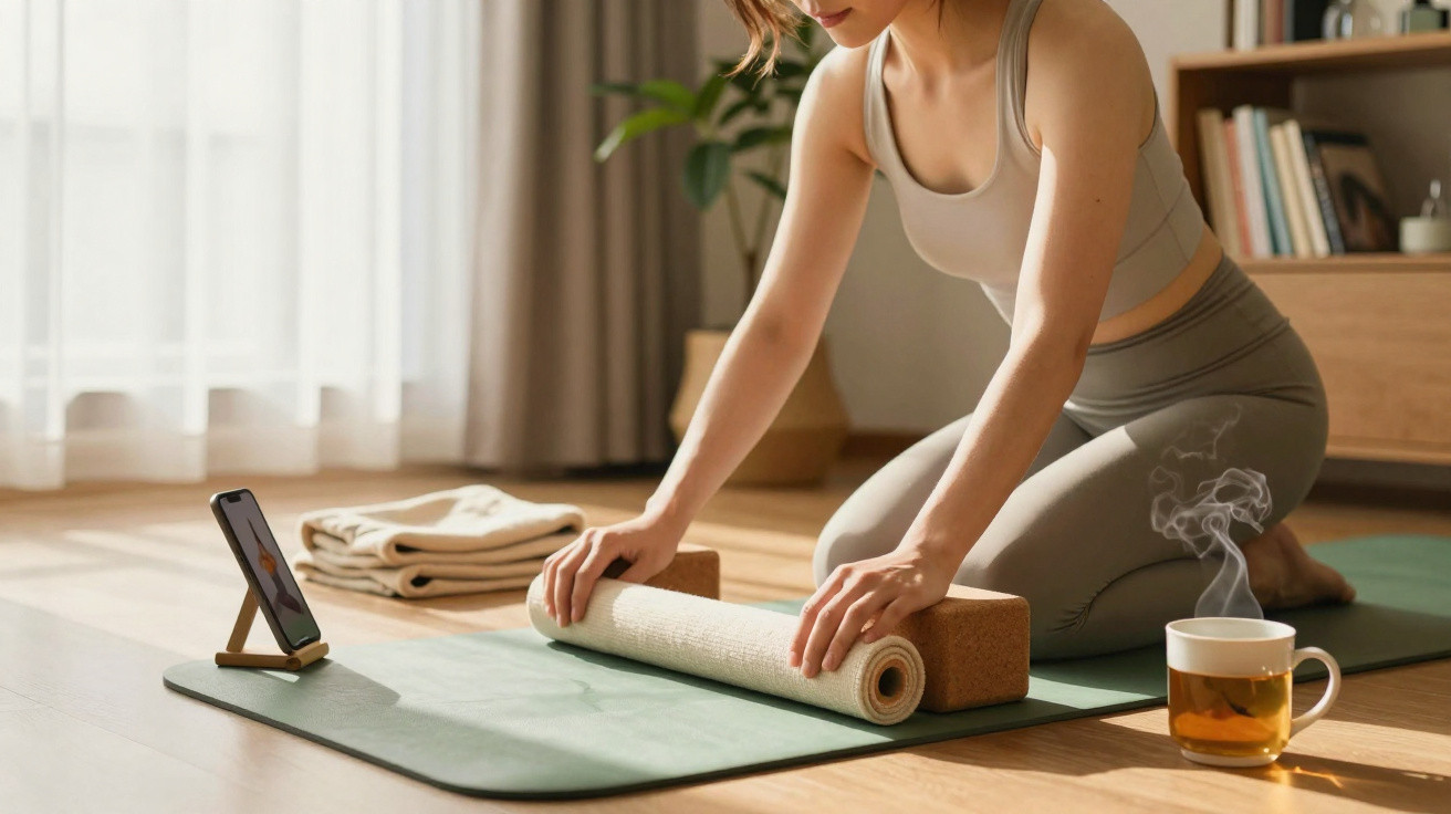 Mulher a enrolar tapete de yoga num ambiente acolhedor com chá quente e telemóvel ao lado.