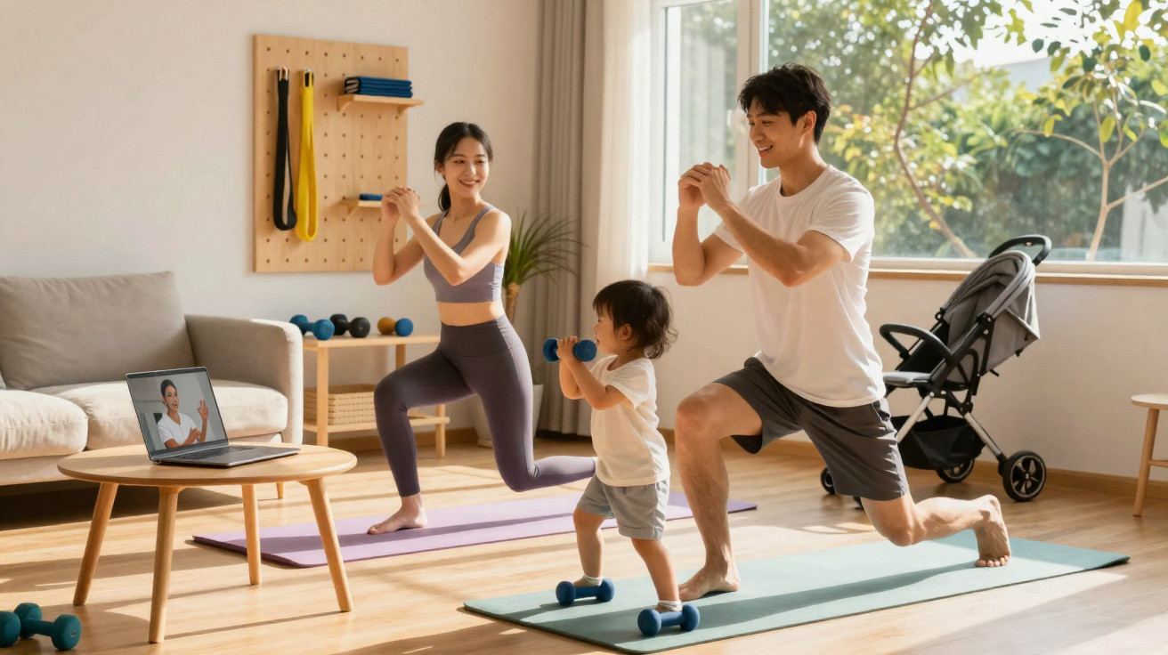 Família a fazer exercício em casa com pesos e a seguir uma aula online num ambiente luminoso.