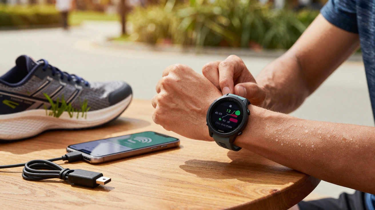 Pessoa a utilizar smartwatch desportivo junto a telemóvel e ténis num ambiente exterior.