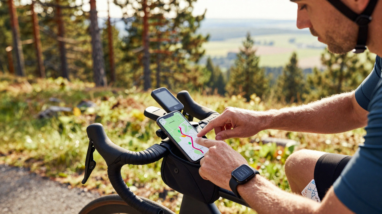 Ciclista consulta mapa de rota num smartphone fixado ao guiador da bicicleta numa paisagem florestal.