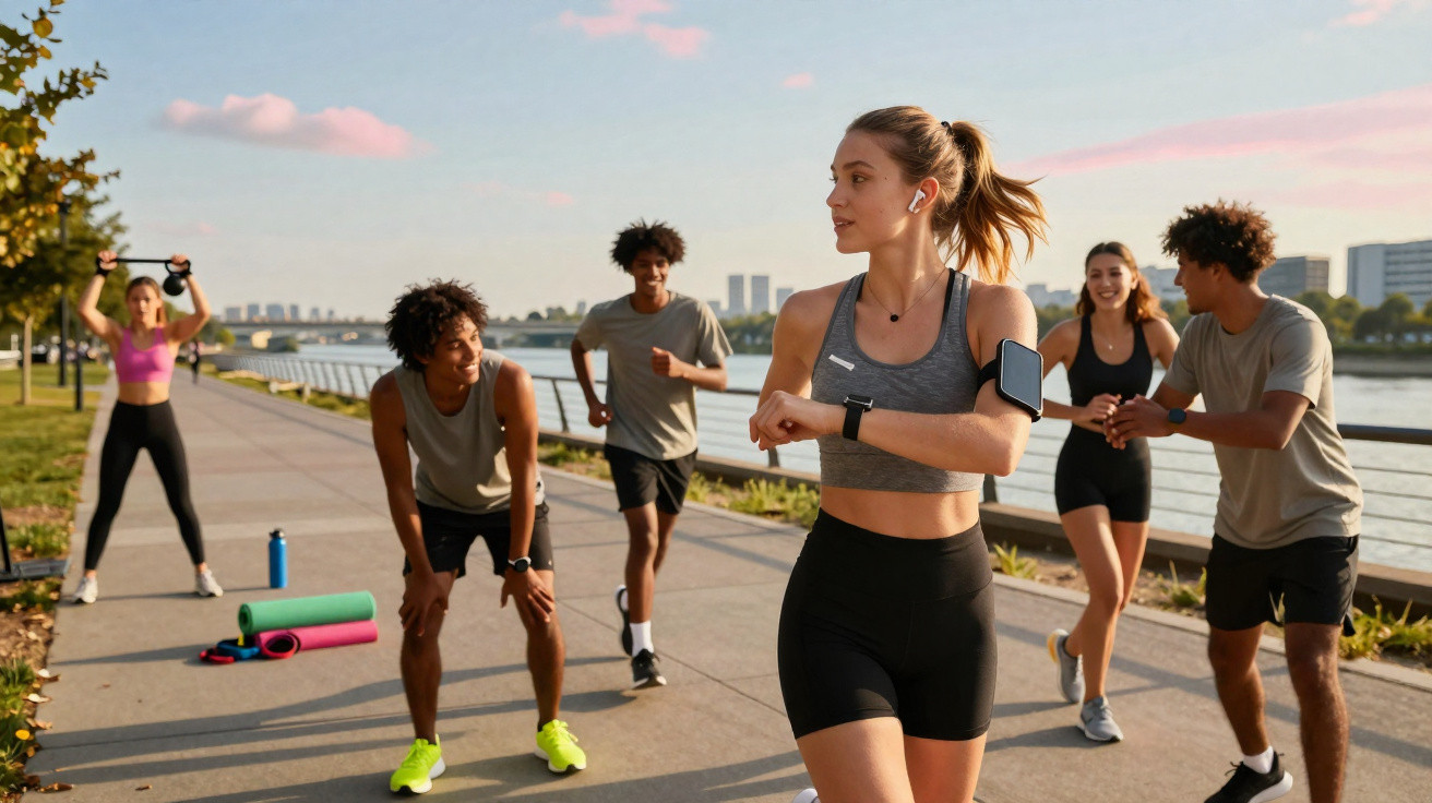 Grupo de jovens a correr e exercitar-se à beira rio num dia de sol.