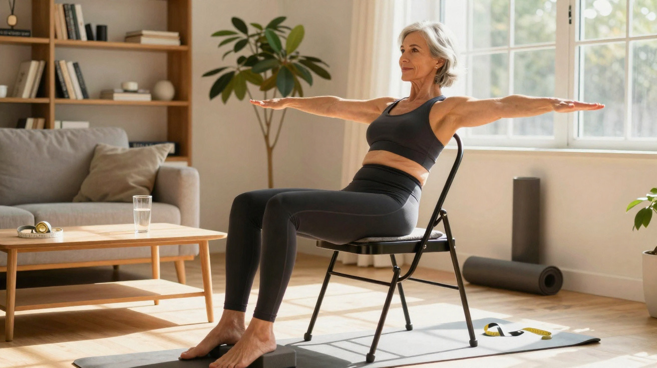 Mulher sénior a fazer exercício sentada numa cadeira numa sala clara e acolhedora com plantas e sofá.