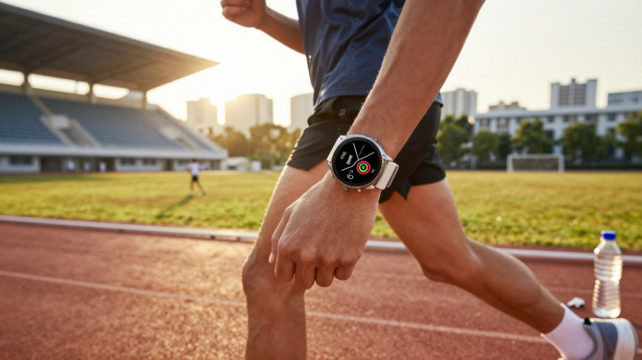 Pessoa a correr numa pista desportiva com relógio inteligente no pulso e garrafa de água ao lado.