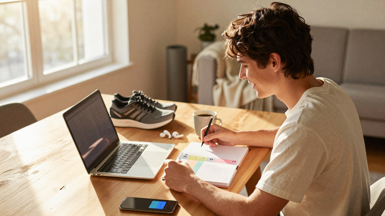 Jovem sentado a escrever num caderno à mesa com portátil, telemóvel, ténis e café num ambiente iluminado.