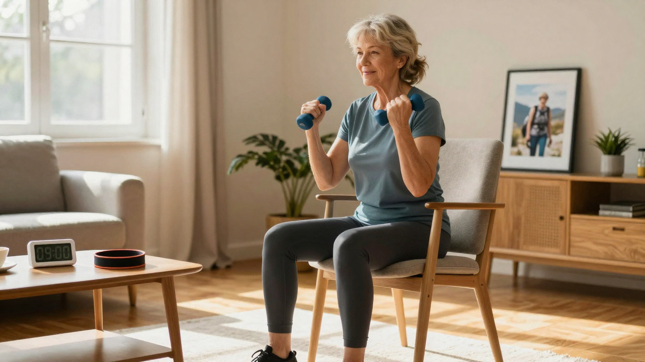 Mulher sénior a fazer exercícios com halteres sentada numa cadeira numa sala iluminada e confortável.