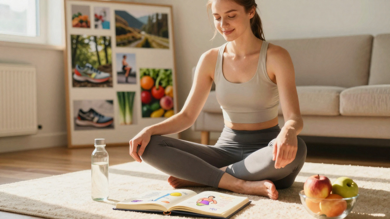 Mulher sentada no chão em posição de meditação a ler um livro, com fruta e garrafa de água ao lado.