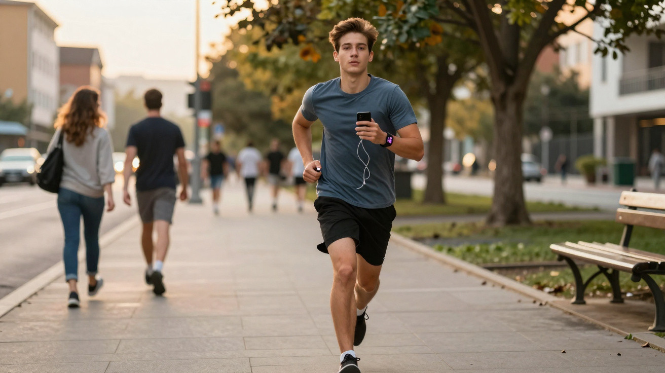 Jovem a correr com roupa desportiva numa calçada urbana ao fim da tarde, segurando telemóvel e auriculares.
