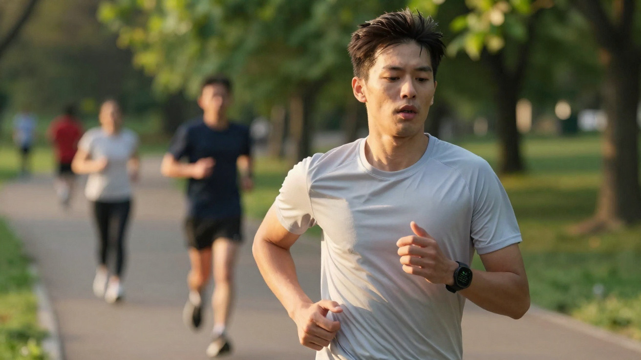 Homem asiático a correr num parque, com mais três corredores ao fundo em dia ensolarado.