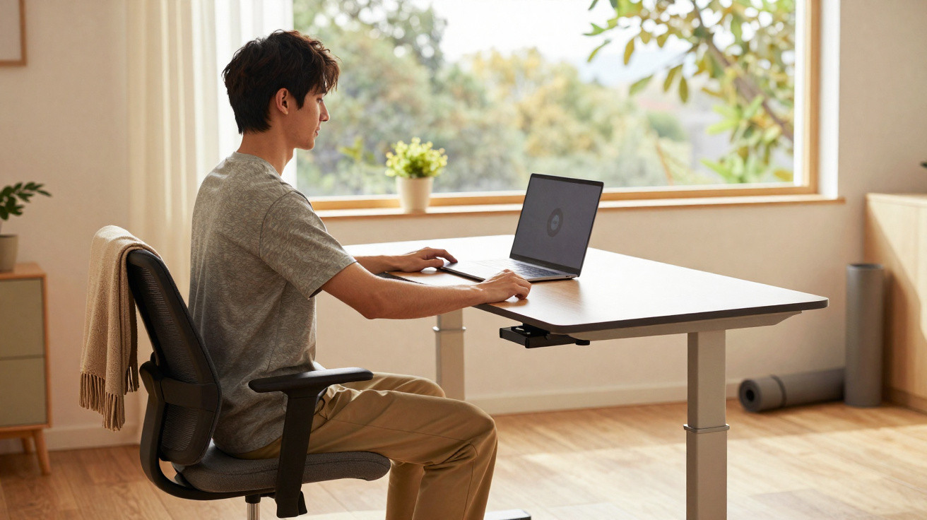 Homem sentado numa cadeira de escritório a trabalhar num computador portátil numa mesa ajustável perto da janela.