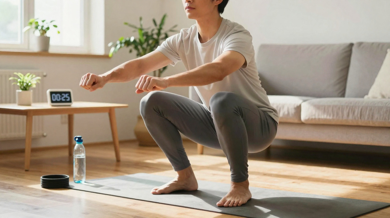 Pessoa a fazer agachamento em tapete de yoga numa sala iluminada com sofá e plantas.