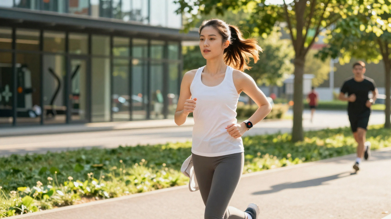 Mulher a correr ao ar livre num caminho urbano com árvores e edifícios ao fundo.