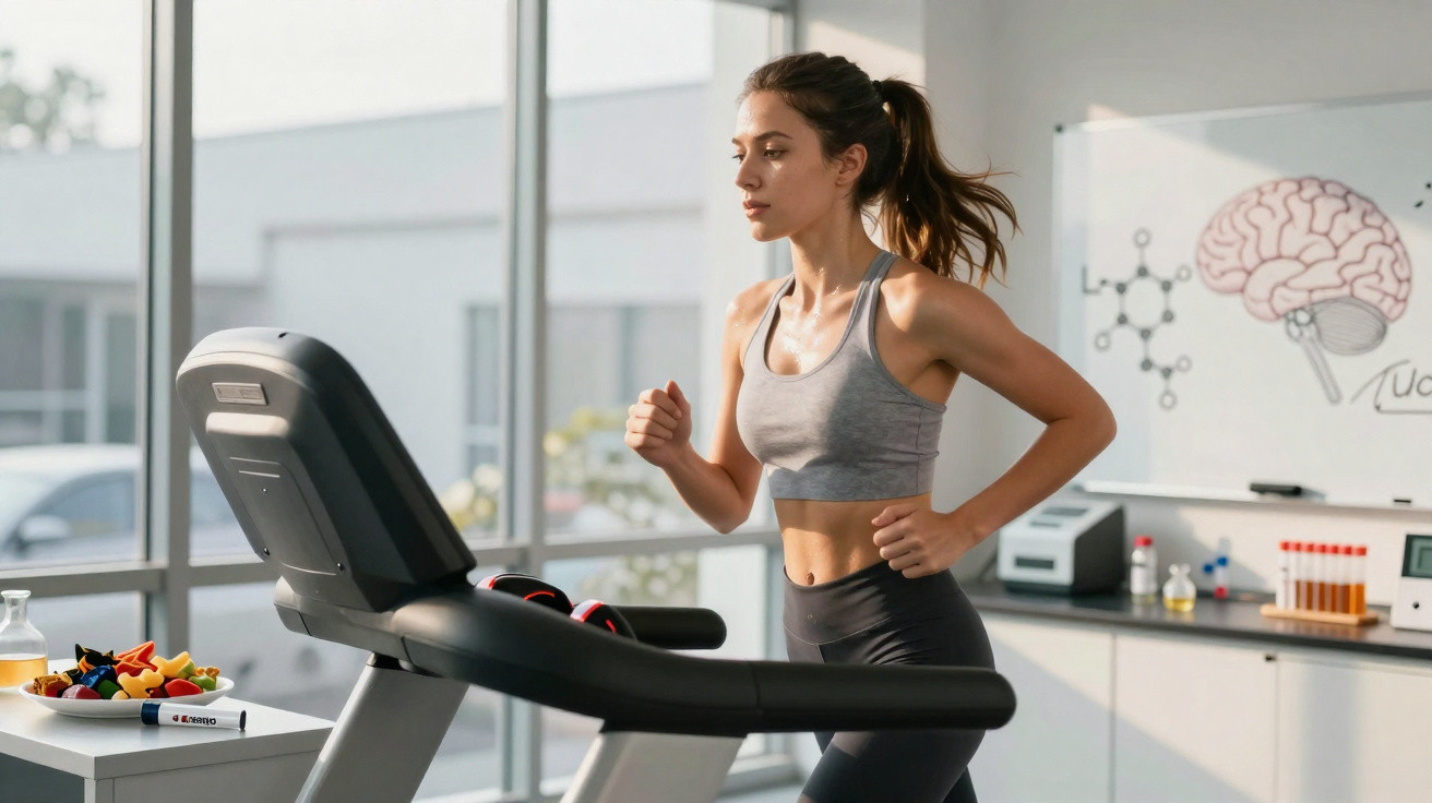 Mulher jovem a correr numa passadeira numa sala com quadro branco e janela grande.