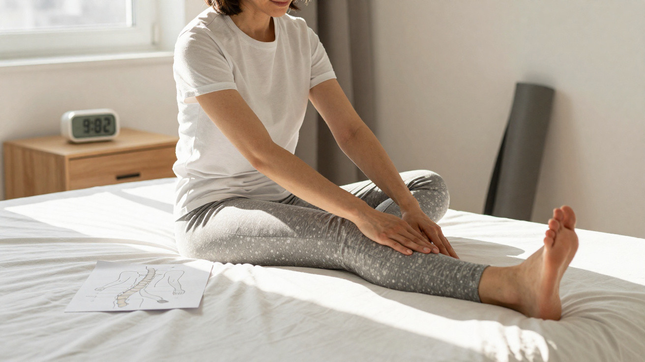 Mulher a fazer alongamentos sentada na cama, com papel de anatomia ao lado.