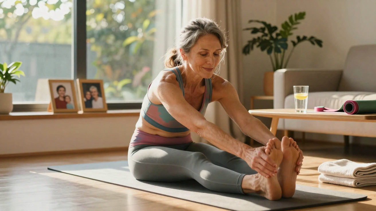 Mulher de meia-idade a fazer alongamento sentada num tapete de yoga numa sala iluminada.