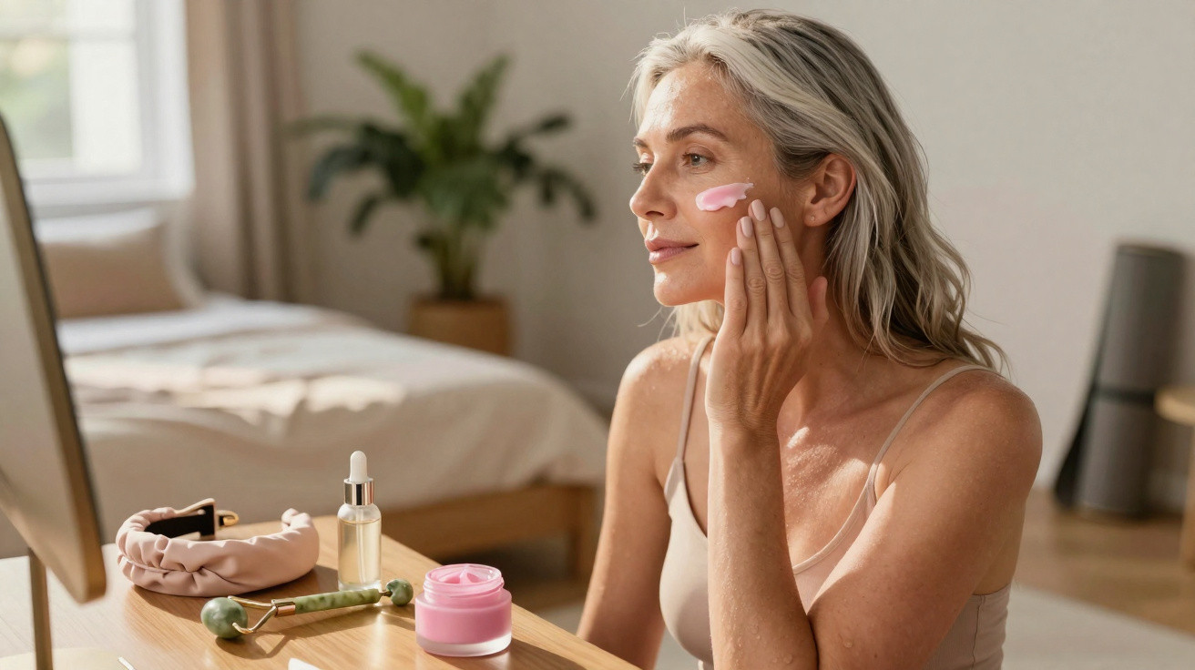 Mulher a aplicar creme rosa no rosto sentada à secretária com produtos de beleza num quarto iluminado.