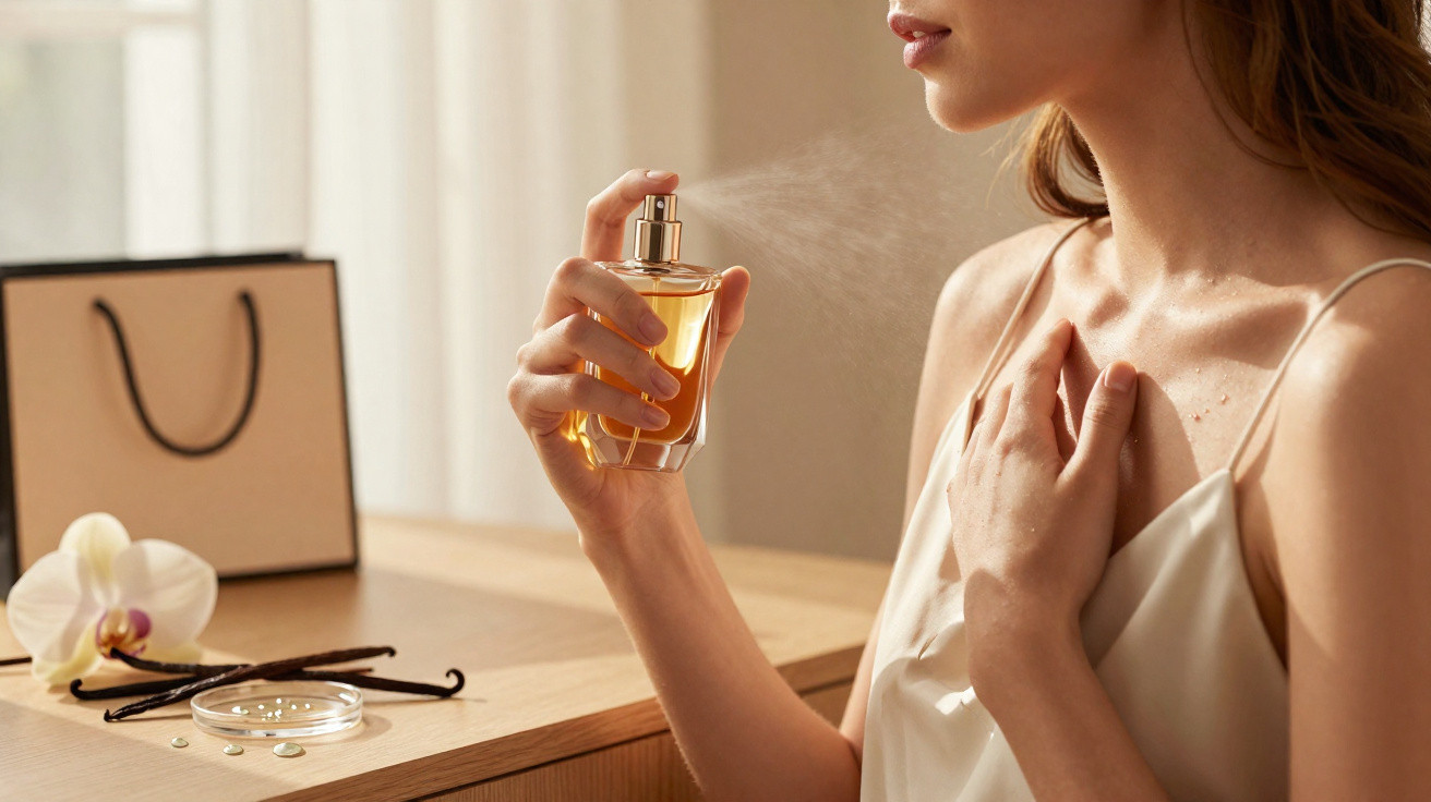Mulher em roupa de seda a aplicar perfume no pescoço com flores e caixa no fundo.