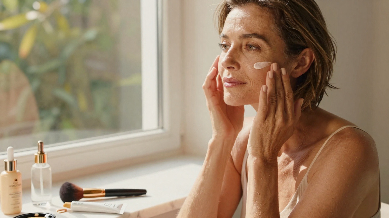 Mulher adulta aplica creme facial sentada junto a janela com produtos de beleza numa mesa branca.