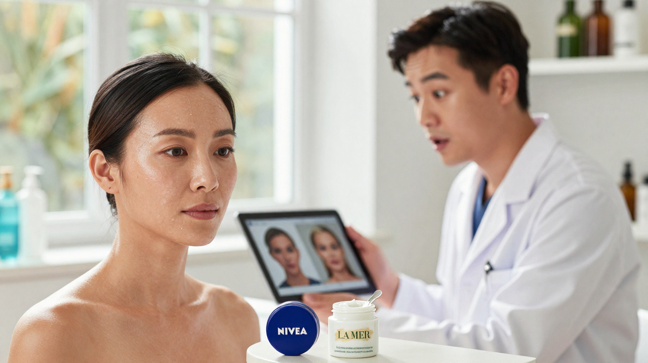 Mulher em consulta dermatológica, médico mostra imagens de rosto em tablet e cremes em primeiro plano.
