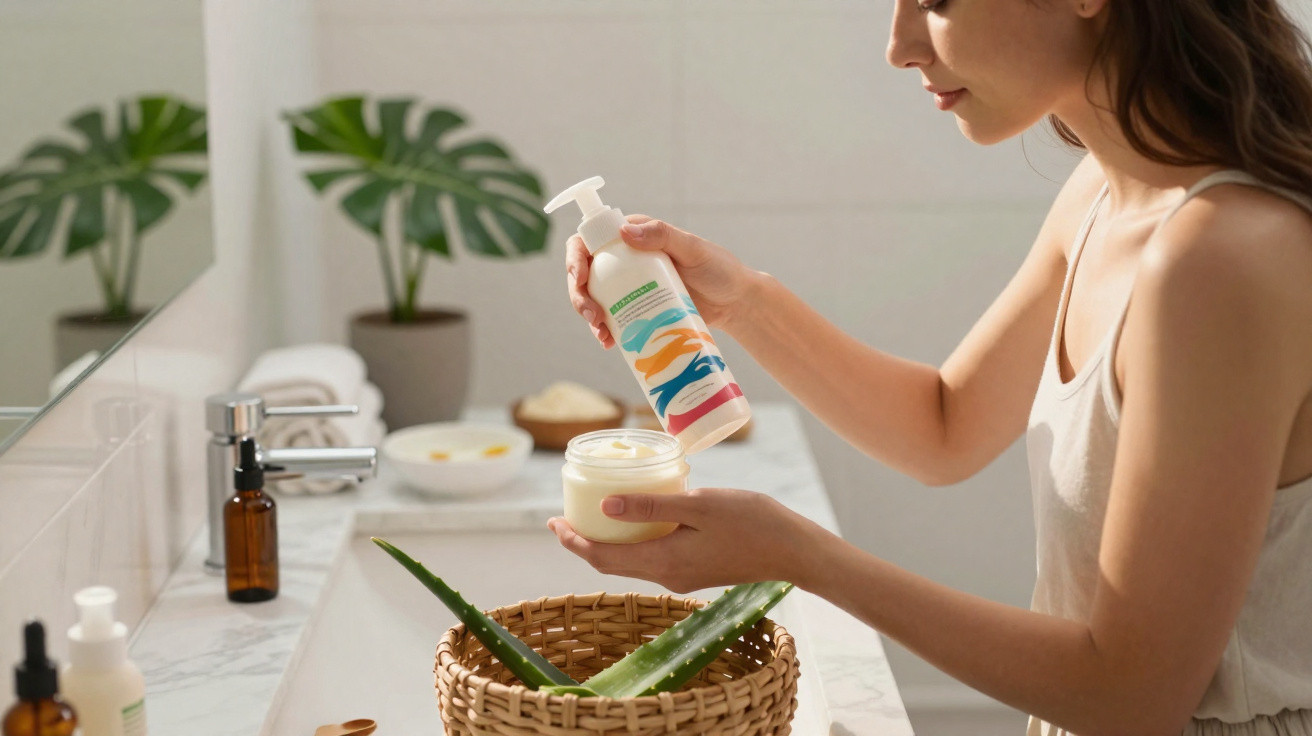Mulher a aplicar creme corporal num ambiente de casa de banho com planta e produtos de beleza.