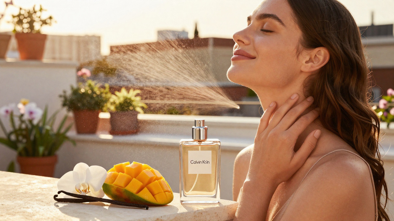 Mulher a aplicar perfume Calvin Klein no pescoço num terraço com frutas e flores ao pôr do sol.