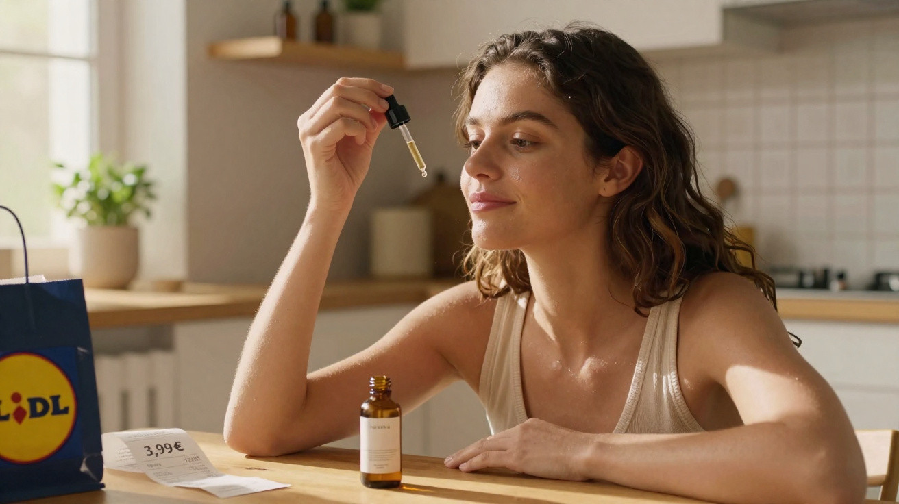 Jovem a aplicar sérum facial com conta-gotas numa cozinha luminosa, com saco e talão do Lidl na mesa.