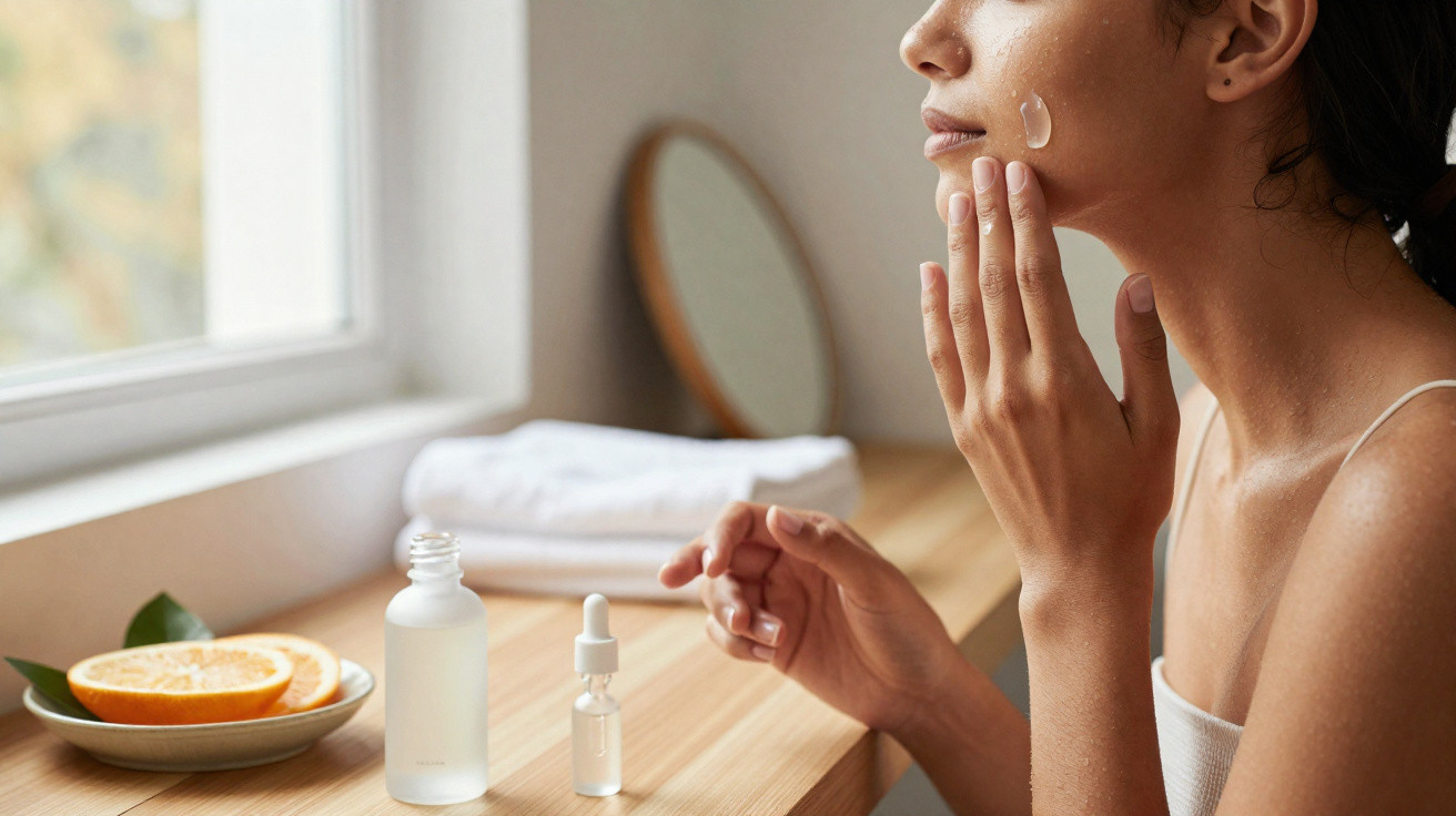 Mulher a aplicar creme no rosto junto a janela com toalhas e produtos de cuidado facial numa bancada.