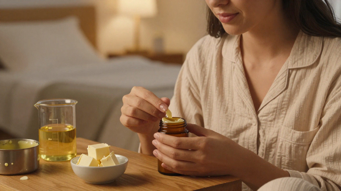 Mulher com pijama bege a tirar creme de um frasco com colher enquanto está sentada numa mesa de madeira.