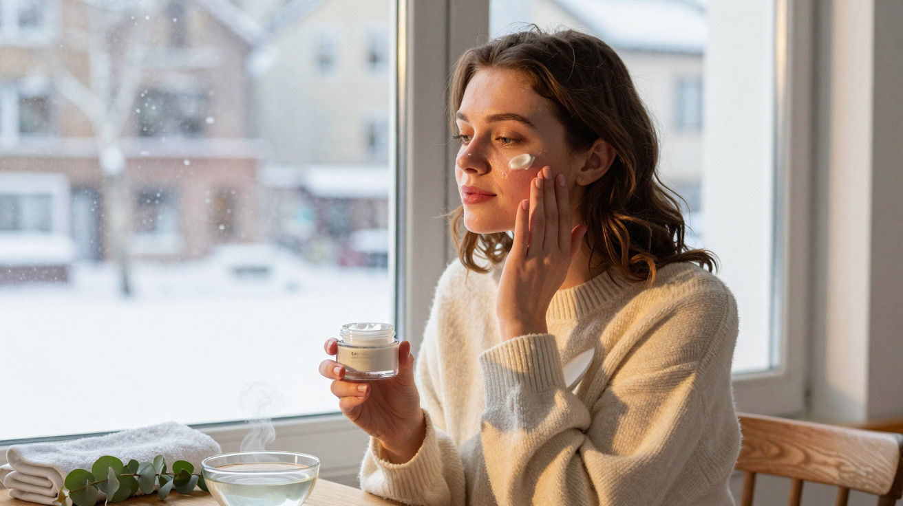 Mulher aplica creme hidratante no rosto junto à janela com neve lá fora, ambiente calmo e acolhedor.