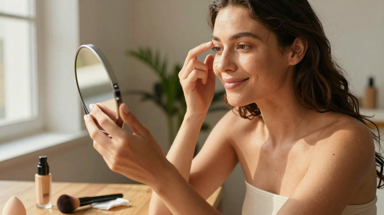 Mulher a aplicar maquilhagem no rosto, olhando para um espelho de mão numa mesa com produtos de beleza.