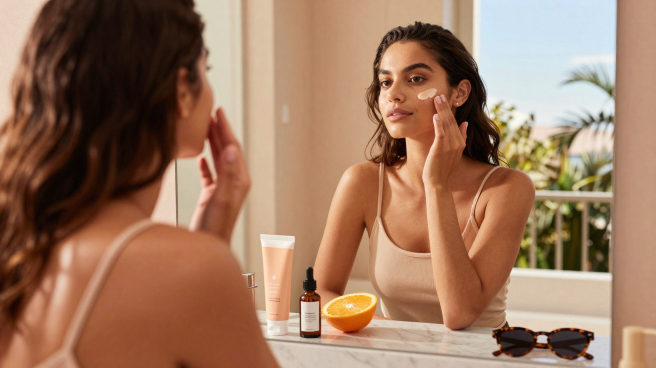 Mulher a aplicar creme no rosto sentada à frente de um espelho com produtos cosméticos sobre a mesa.