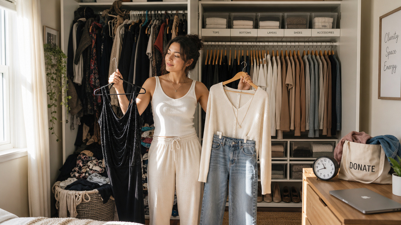 Mulher a escolher entre vestido preto e conjunto casual perto de armário organizado com roupas penduradas.