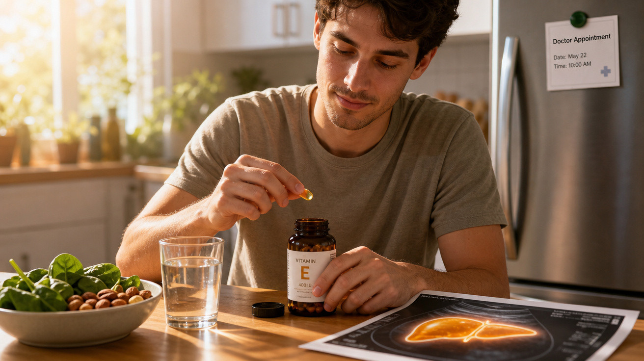 Homem segura cápsula de vitamina E à mesa com prato de nozes, copo de água e imagem de fígado ao fundo.