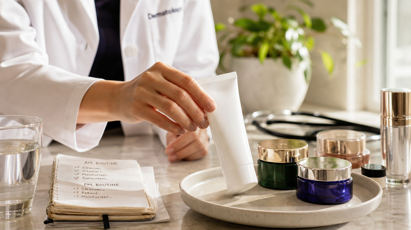 Pessoa de bata branca segurando tubo de creme junto a frascos de cosméticos e caderno com rotina de cuidados.