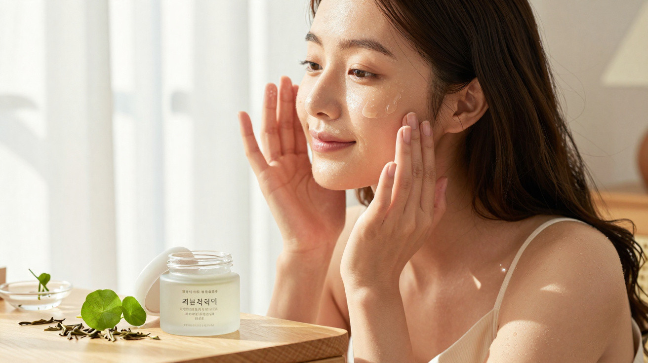 Mulher aplica creme hidratante no rosto em ambiente iluminado e tranquilo.