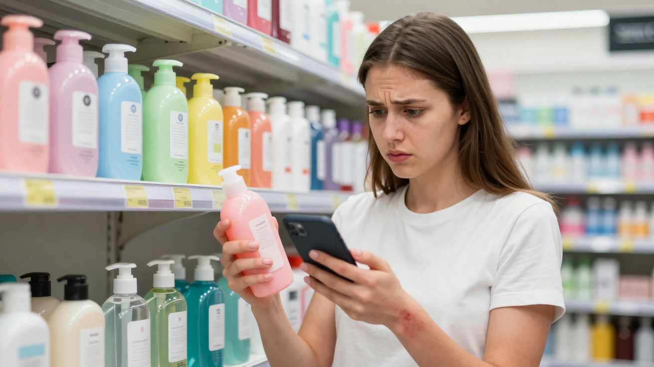 Mulher com expressão preocupada a ler rótulo de produto rosa enquanto segura telemóvel numa prateleira cheia de loções.