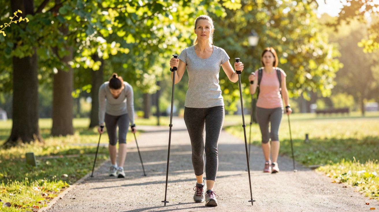 Três mulheres praticam caminhada com bastões num parque ensolarado com árvores e caminho de terra batida.