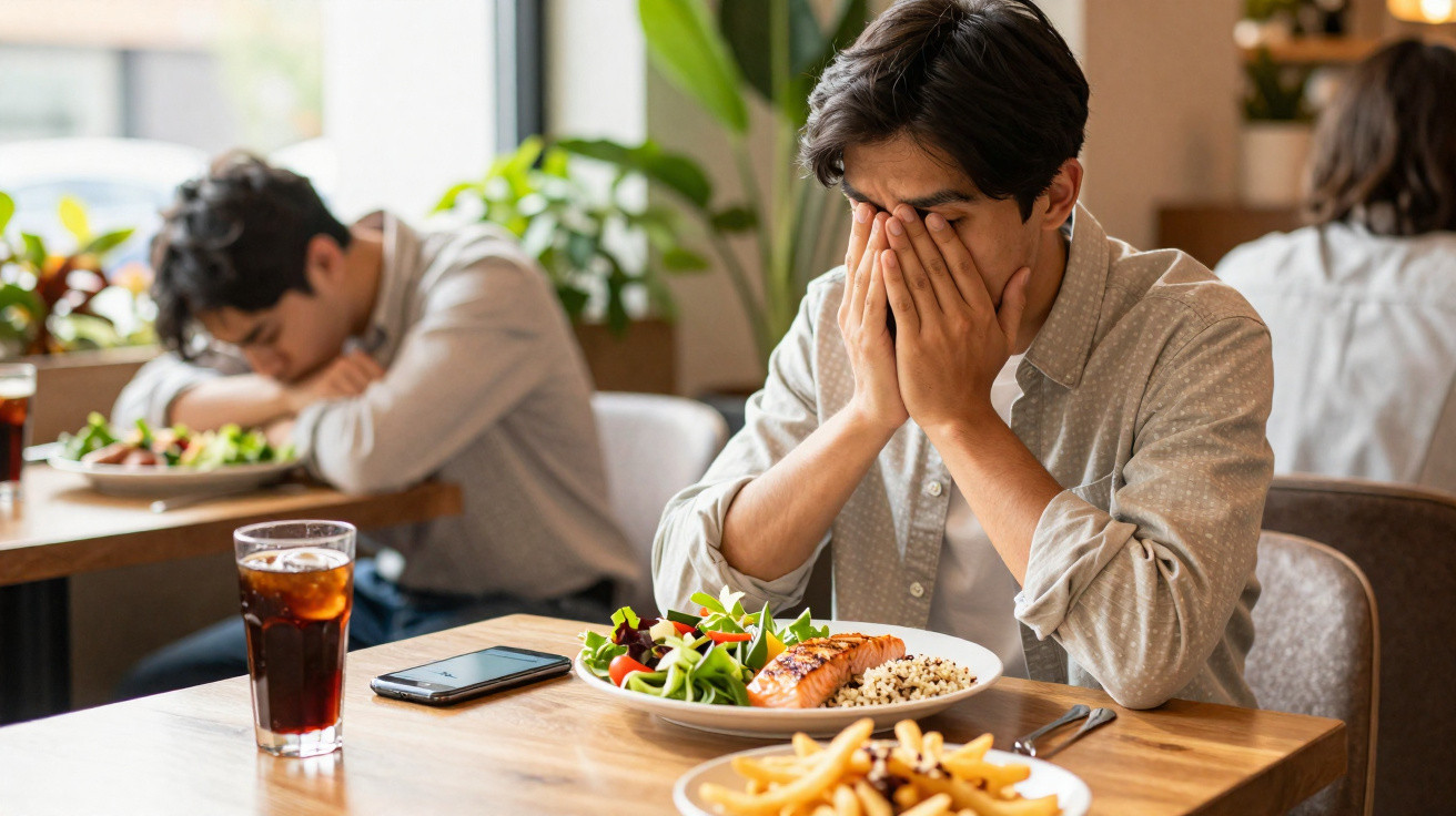 Homem sentado à mesa de restaurante com salada e peixe, rosto nas mãos, aparenta stress ou cansaço.