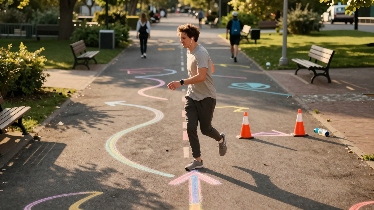Jovem a correr num parque com caminho pintado com setas coloridas e cone no chão.