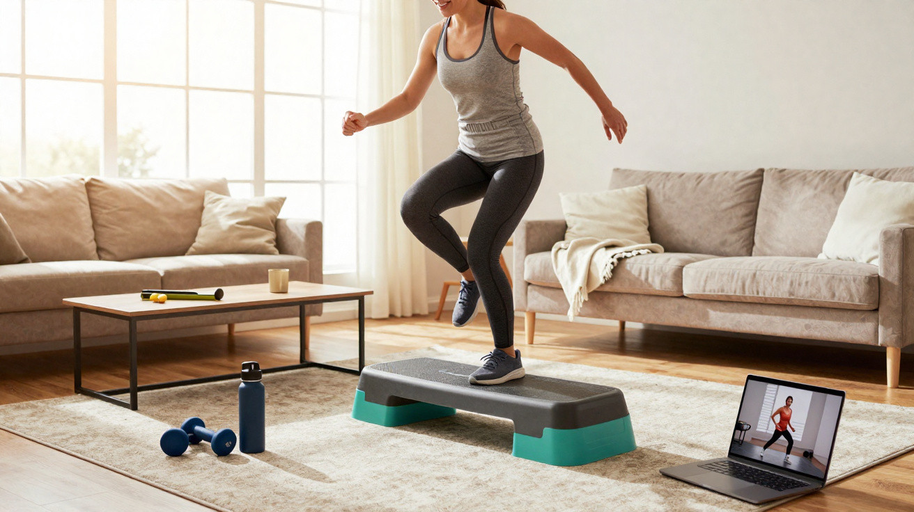 Mulher a fazer exercício de step em casa com vídeo de treino no portátil numa sala acolhedora.