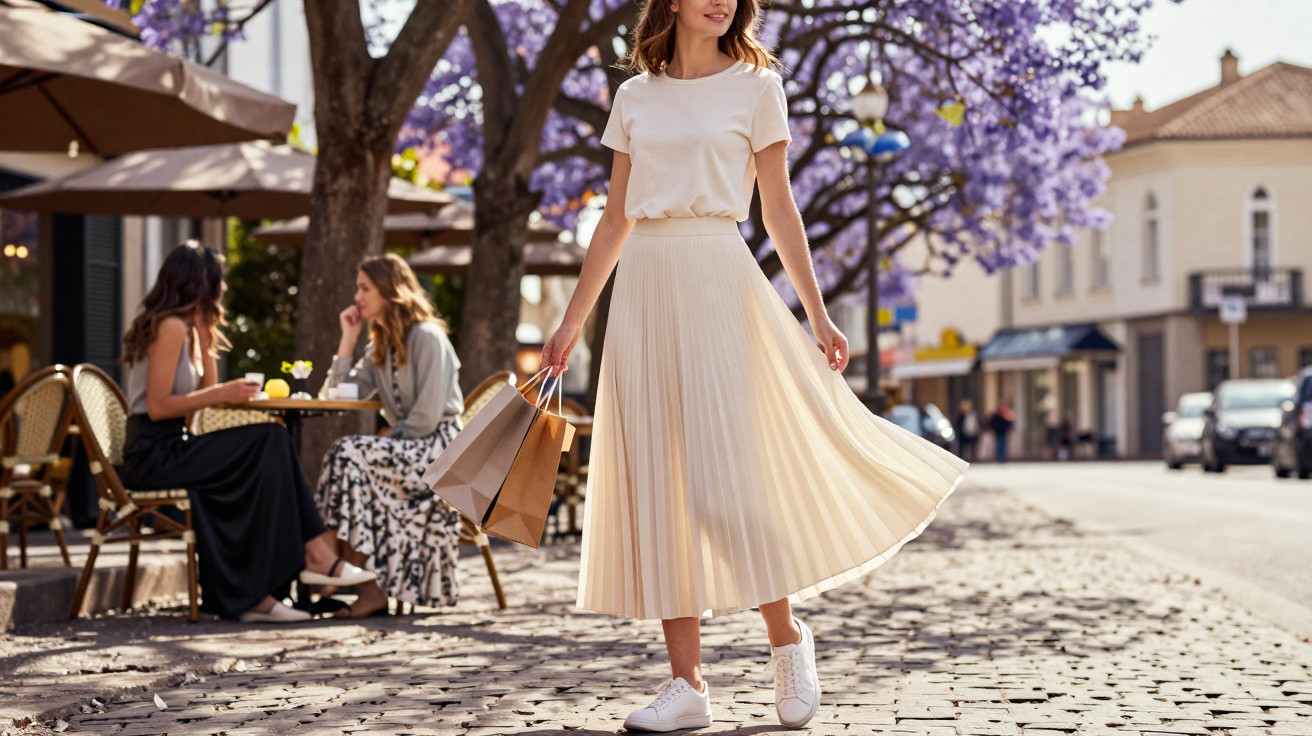 Mulher elegante em saia plissada creme caminha com sacos de compras numa rua florida e soalheira.