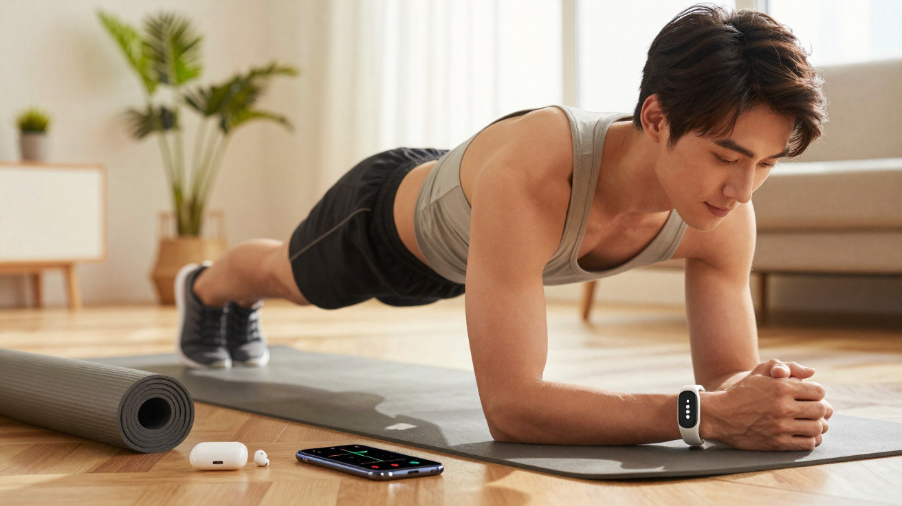 Homem jovem a fazer prancha no tapete de exercício numa sala moderna e bem iluminada.