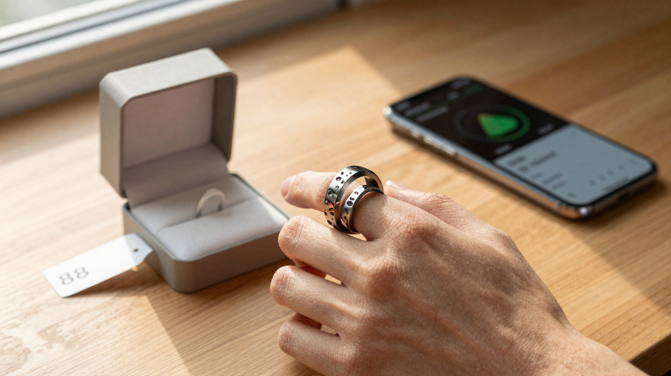 Mão com anel metálico, estojo aberto para anel na mesa de madeira e smartphone com app aberto.