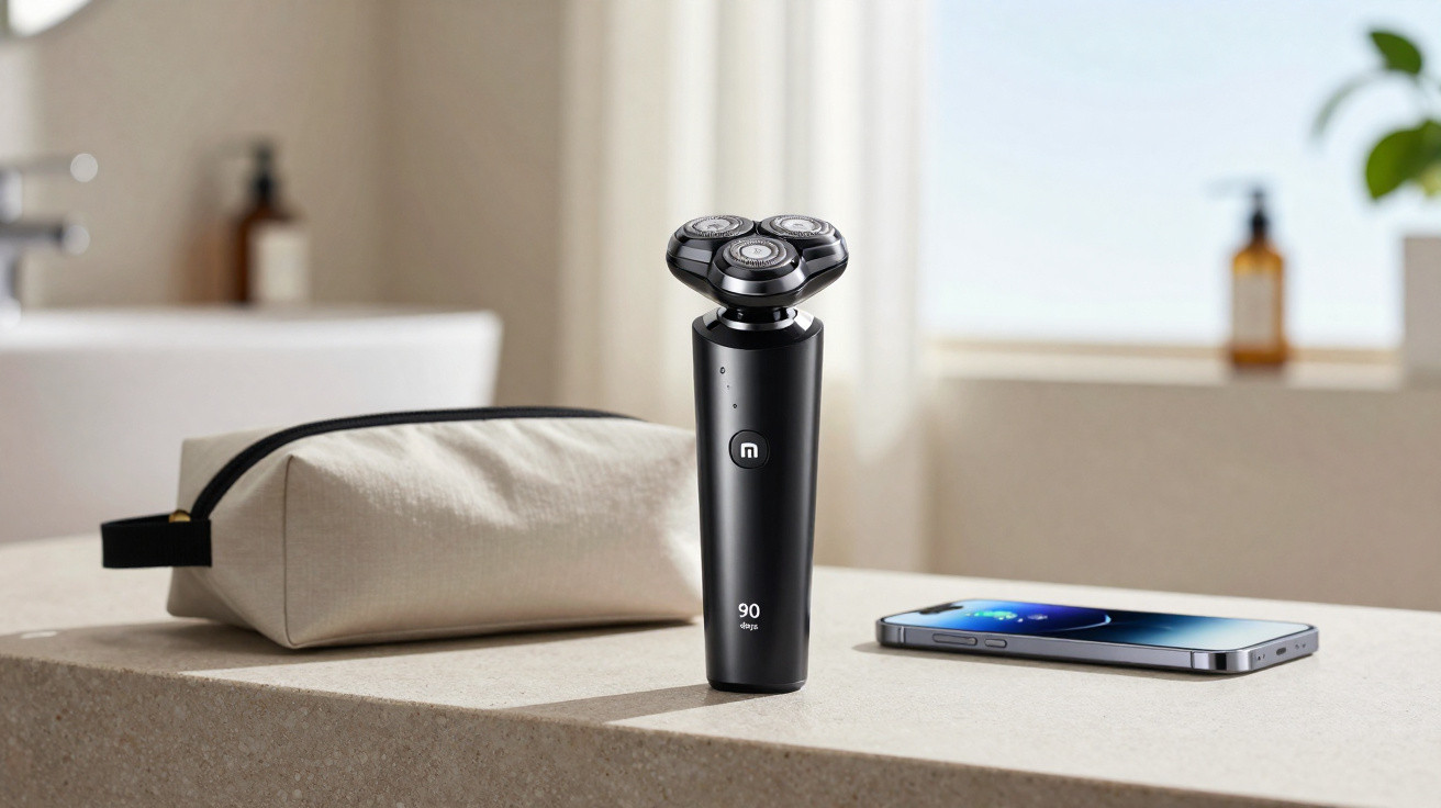 Aparador de barba elétrico preto, estojo bege e smartphone sobre bancada numa casa de banho moderna.