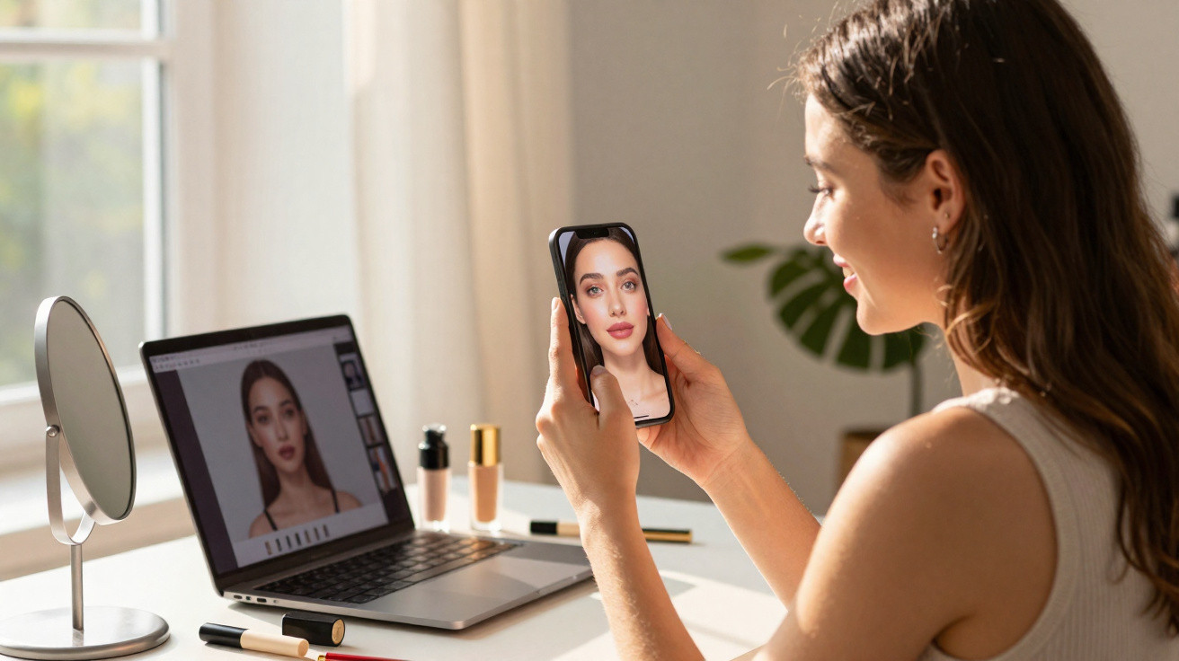 Mulher a tirar selfie com smartphone, com maquilhagem, ao lado de computador com imagem similar.