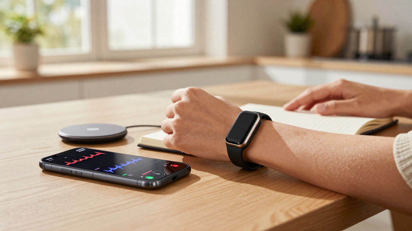 Braço com smartwatch junto a smartphone que mostra gráfico de frequência cardíaca numa mesa de madeira.