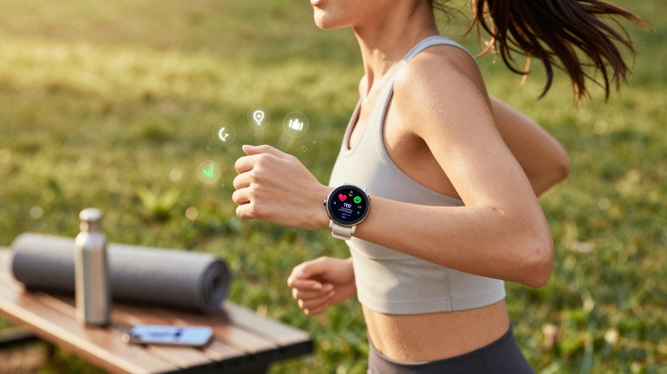 Mulher a correr ao ar livre com smartwatch a monitorizar frequência cardíaca e calorias queimadas.