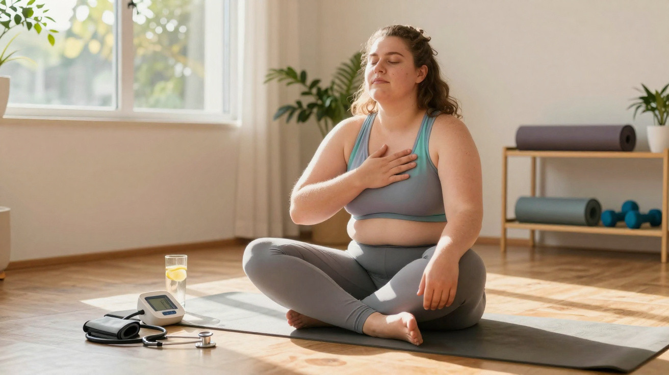 Mulher sentada em tapete de yoga, a meditar com mão no peito numa sala iluminada e equipamentos de fitness ao lado.