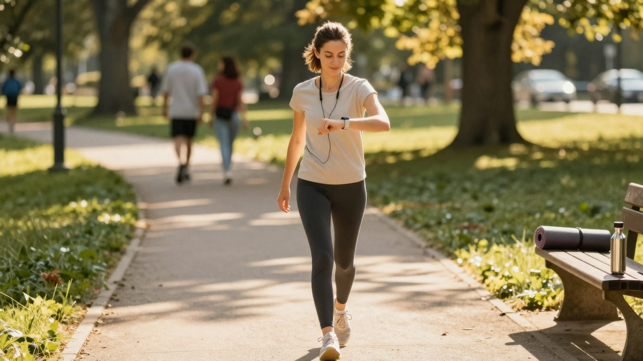 Mulher a fazer caminhada num parque, a olhar para o relógio inteligente enquanto usa auriculares.